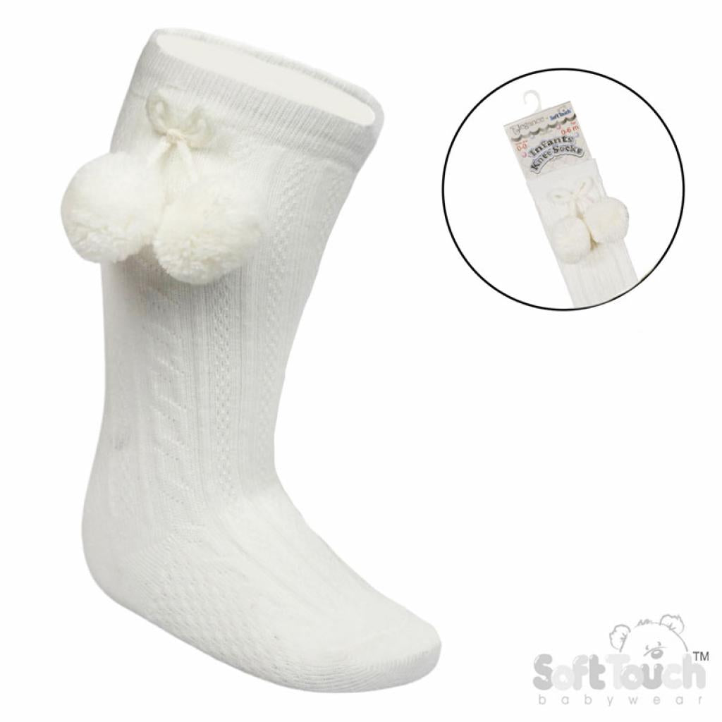 White Pom Pom Knee High Socks